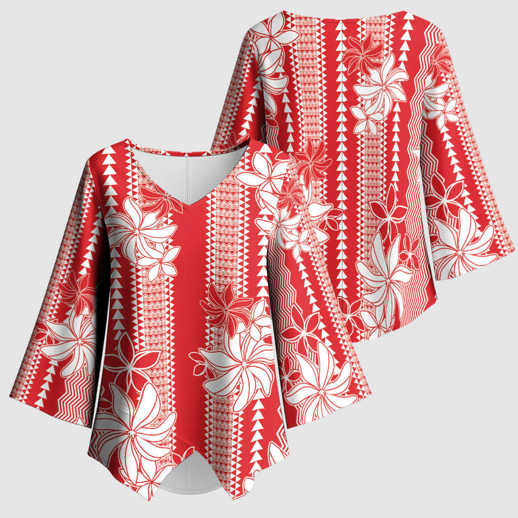 Hawaii Kakau Tribal Kimono Sleeve Blouse With Red Tiare LT05 - Polynesian Pride