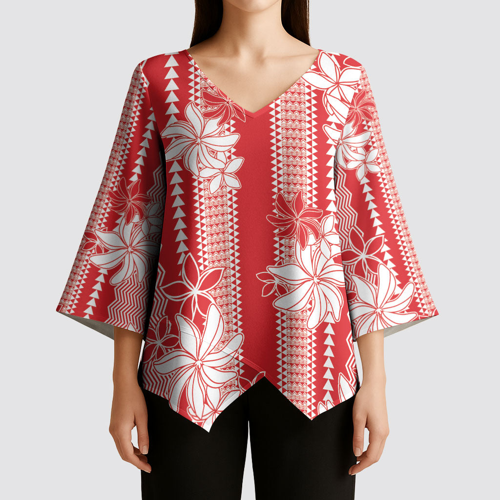 Hawaii Kakau Tribal Kimono Sleeve Blouse With Red Tiare LT05 - Polynesian Pride