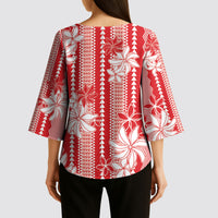 Hawaii Kakau Tribal Kimono Sleeve Blouse With Red Tiare LT05 - Polynesian Pride