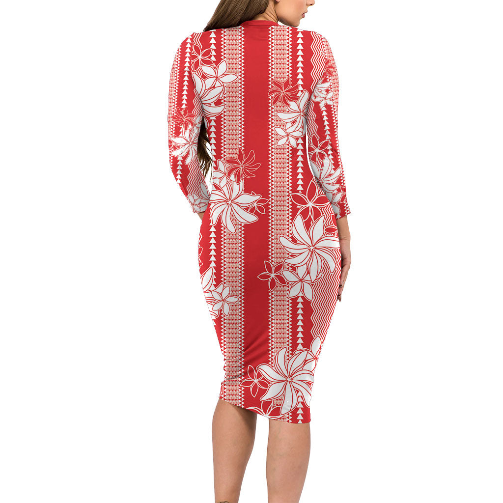 Hawaii Kakau Tribal Long Sleeve Bodycon Dress With Red Tiare