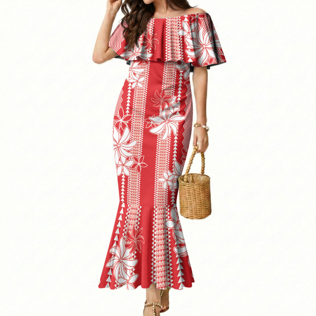 Hawaii Kakau Tribal Mermaid Dress With Red Tiare LT05 Women Red - Polynesian Pride