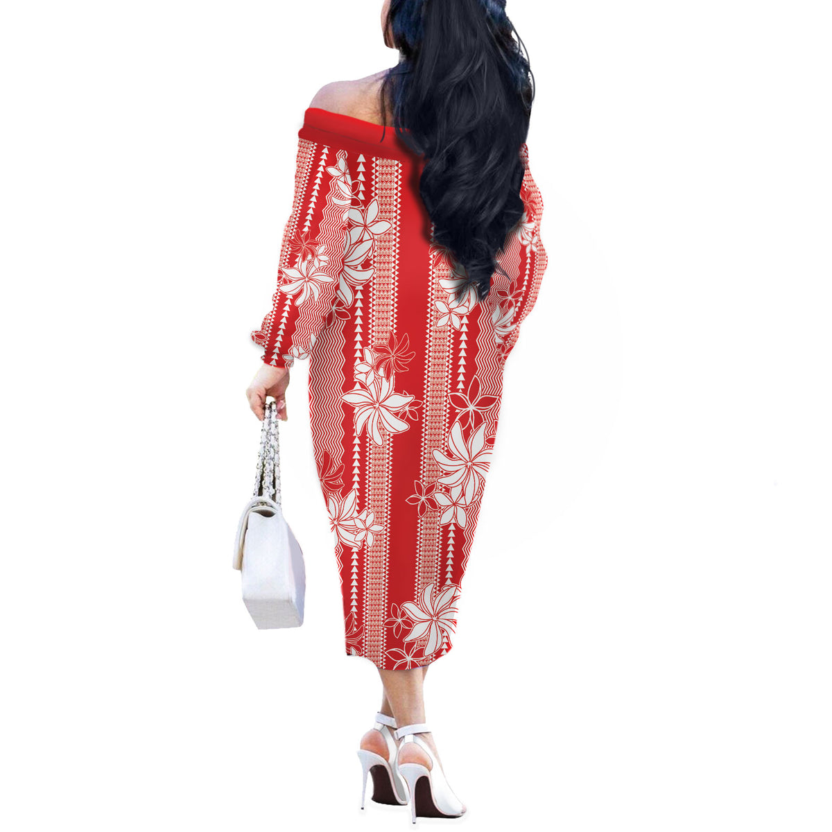 Hawaii Kakau Tribal Off The Shoulder Long Sleeve Dress With Red Tiare