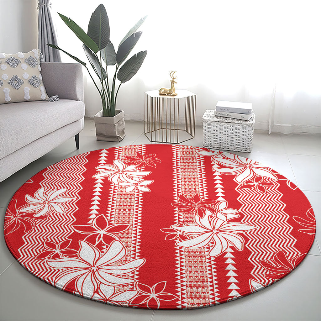 Hawaii Kakau Tribal Round Carpet With Red Tiare