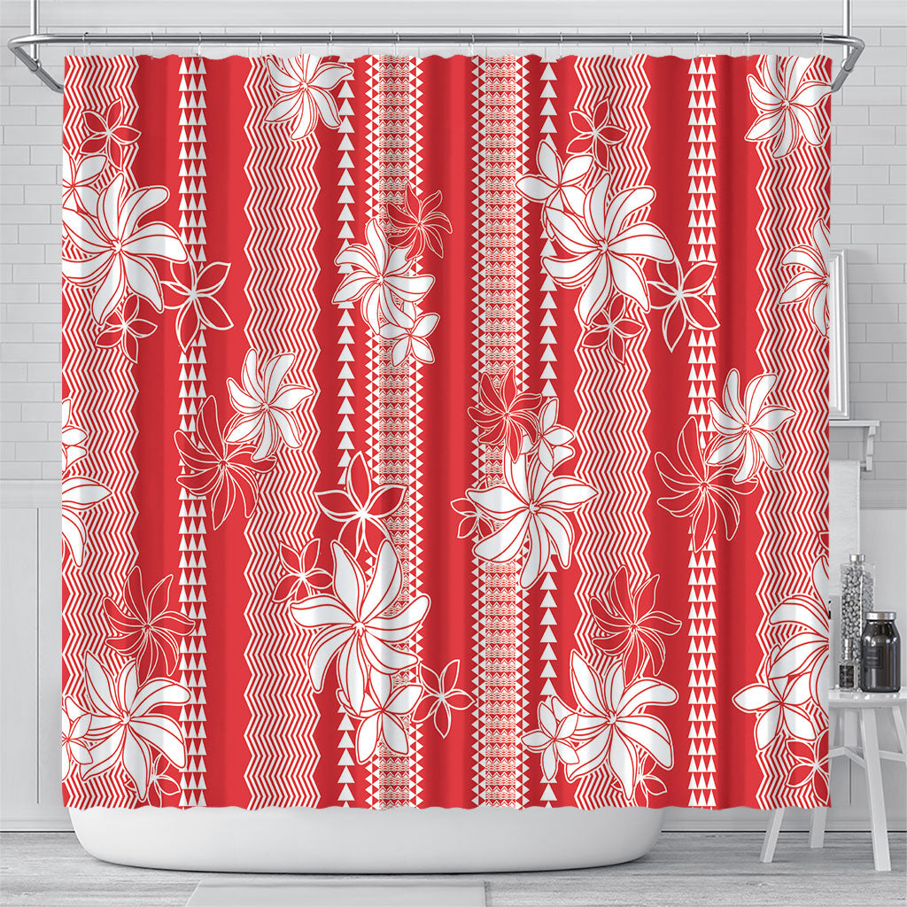 Hawaii Kakau Tribal Shower Curtain With Red Tiare