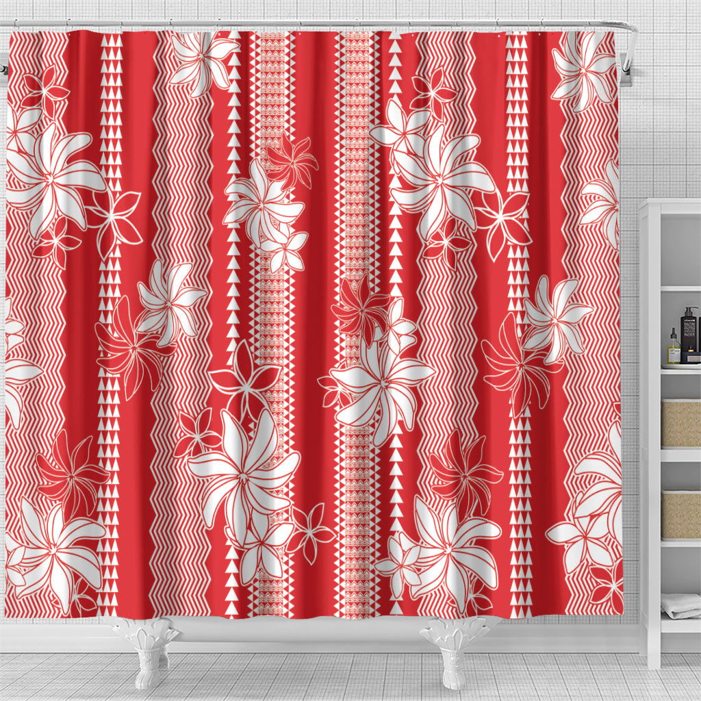 Hawaii Kakau Tribal Shower Curtain With Red Tiare