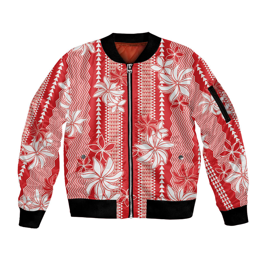 Hawaii Kakau Tribal Sleeve Zip Bomber Jacket With Red Tiare
