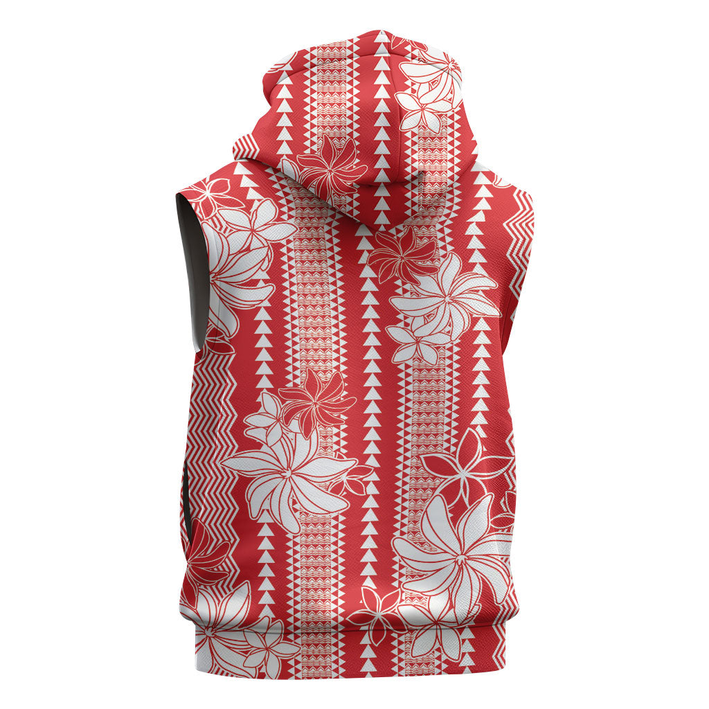 Hawaii Kakau Tribal Sleeveless Hoodie With Red Tiare