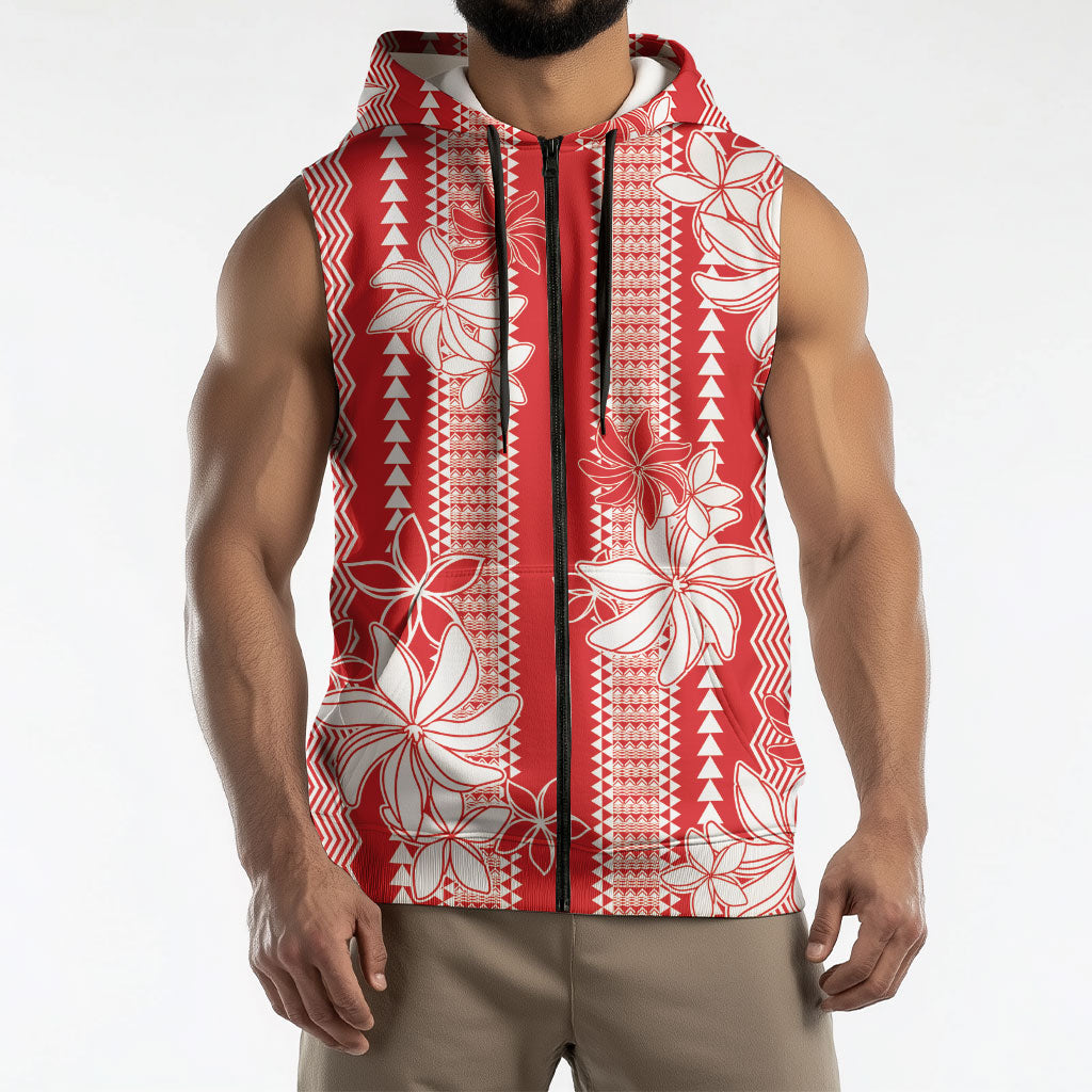 Hawaii Kakau Tribal Sleeveless Zip Hoodie With Red Tiare