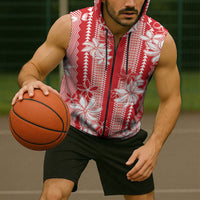Hawaii Kakau Tribal Sleeveless Zip Hoodie With Red Tiare
