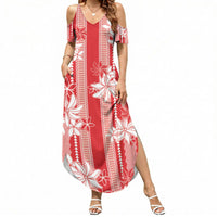 Hawaii Kakau Tribal Summer Maxi Dress With Red Tiare LT05 Women Red - Polynesian Pride