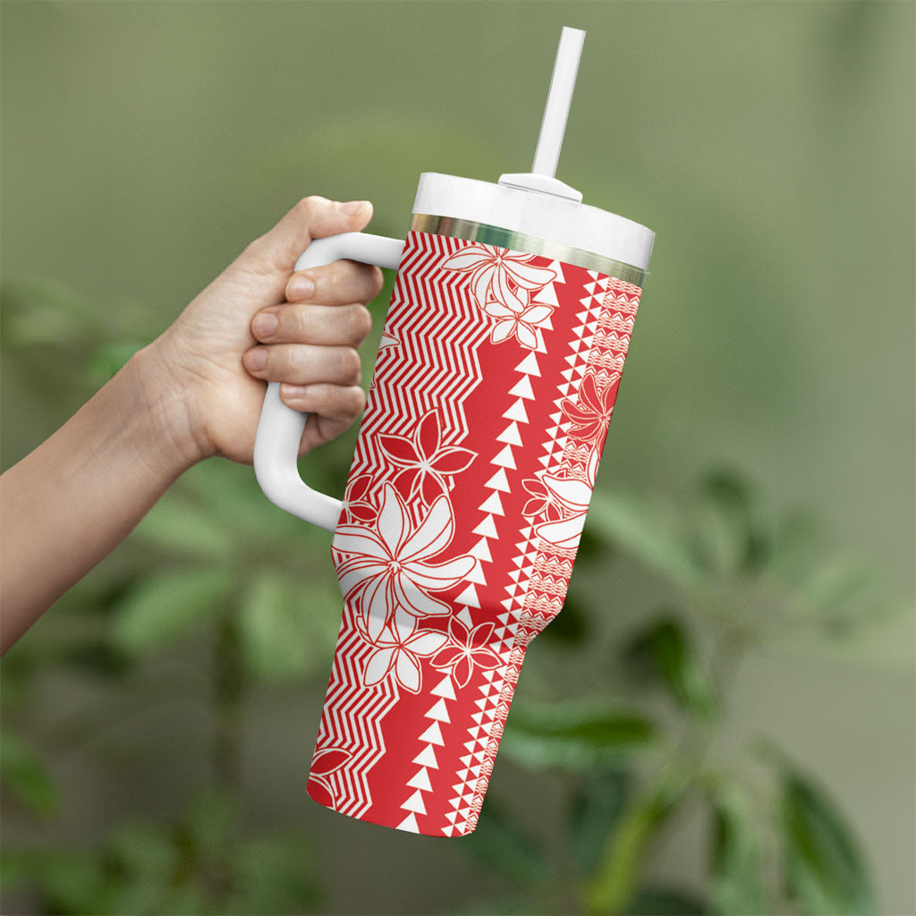 Hawaii Kakau Tribal Tumbler With Handle With Red Tiare