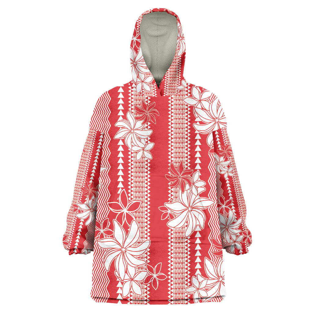 Hawaii Kakau Tribal Wearable Blanket Hoodie With Red Tiare