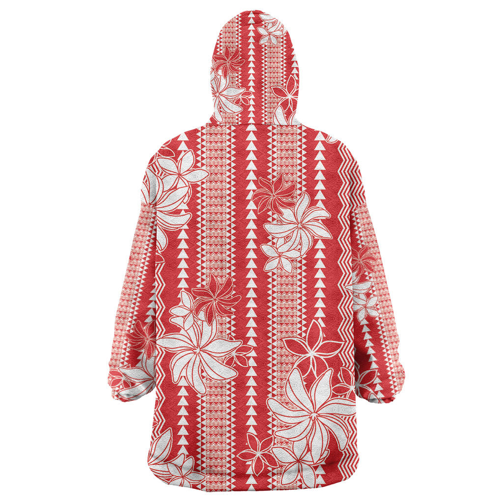 Hawaii Kakau Tribal Wearable Blanket Hoodie With Red Tiare