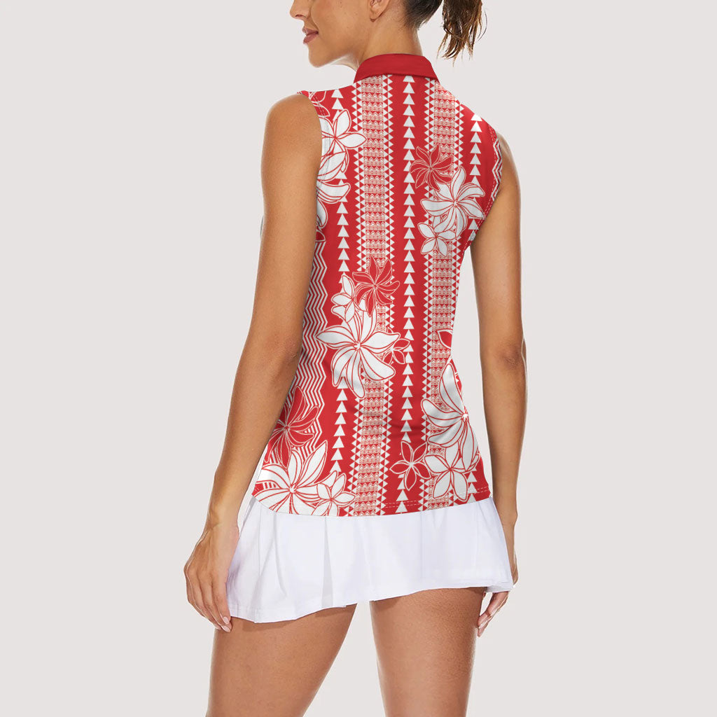 Hawaii Kakau Tribal Women Sleeveless Polo Shirt With Red Tiare