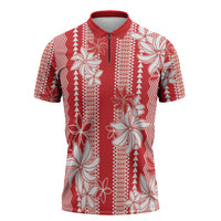 Hawaii Kakau Tribal Zipper Polo Shirt With Red Tiare