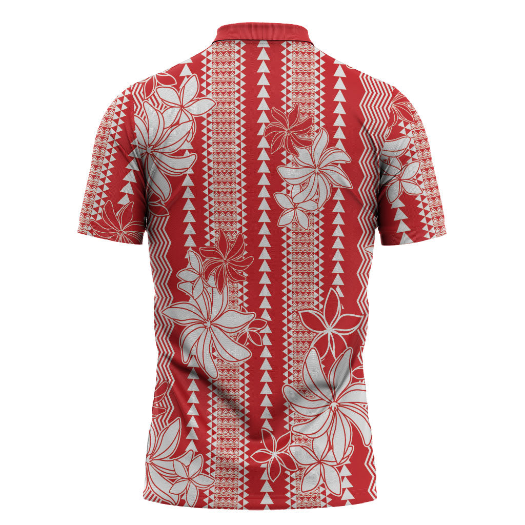 Hawaii Kakau Tribal Zipper Polo Shirt With Red Tiare