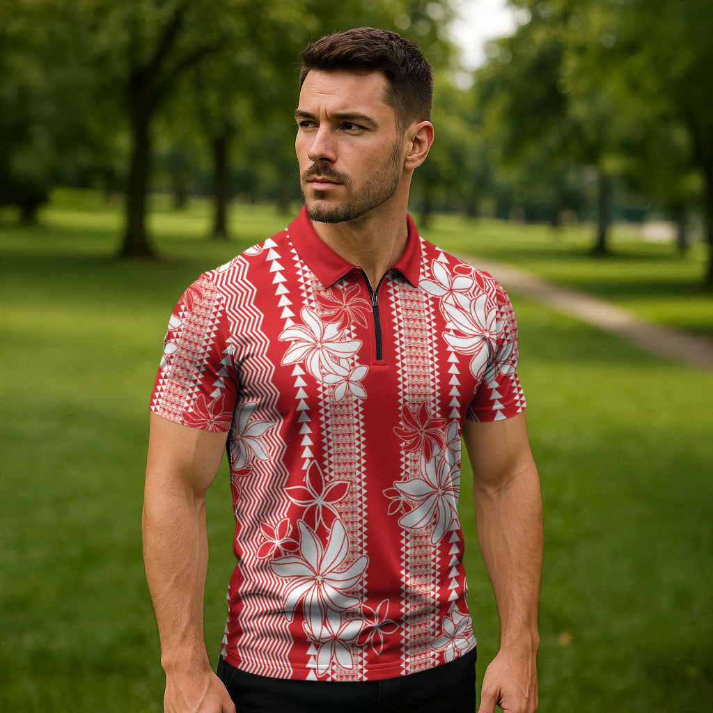 Hawaii Kakau Tribal Zipper Polo Shirt With Red Tiare