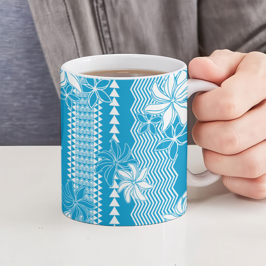 Hawaii Kakau Tribal Ceramic Mug With Blue Tiare
