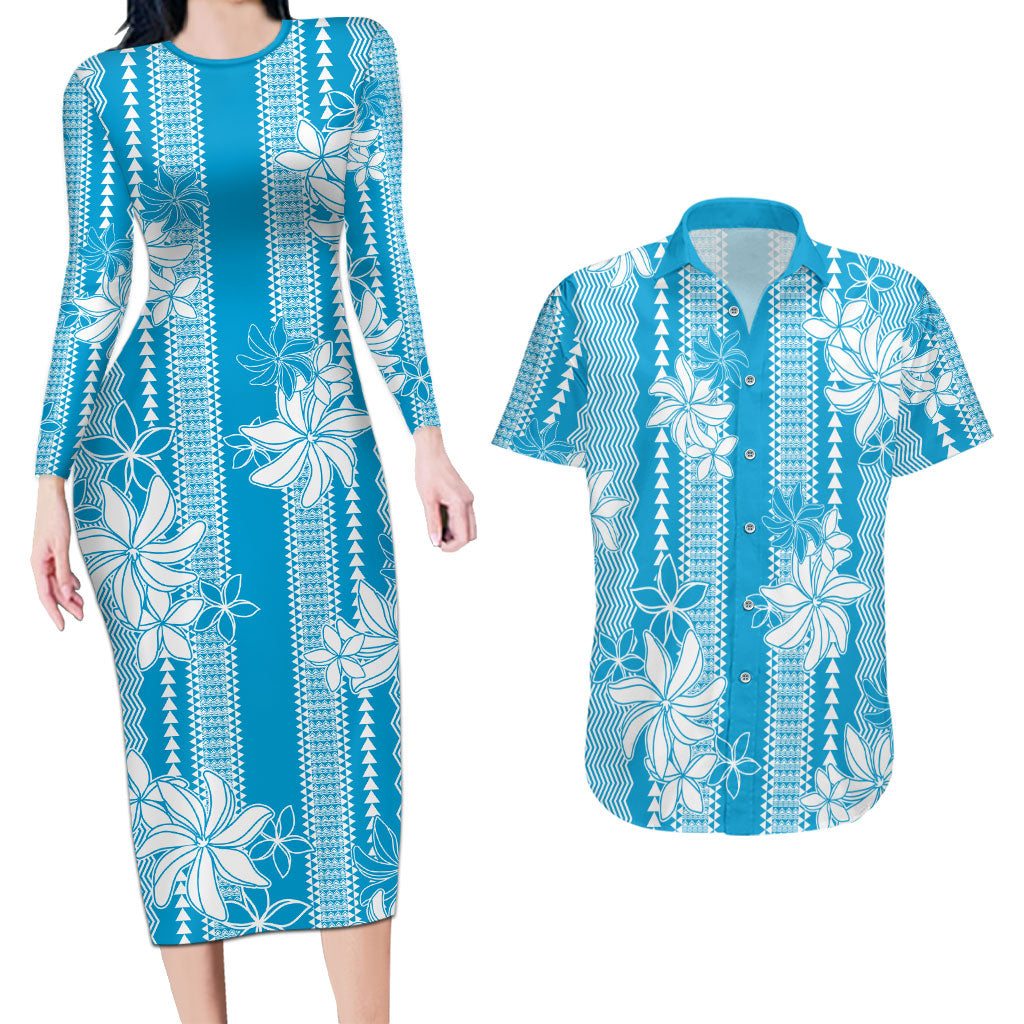 Hawaii Kakau Tribal Couples Matching Long Sleeve Bodycon Dress and Hawaiian Shirt With Blue Tiare