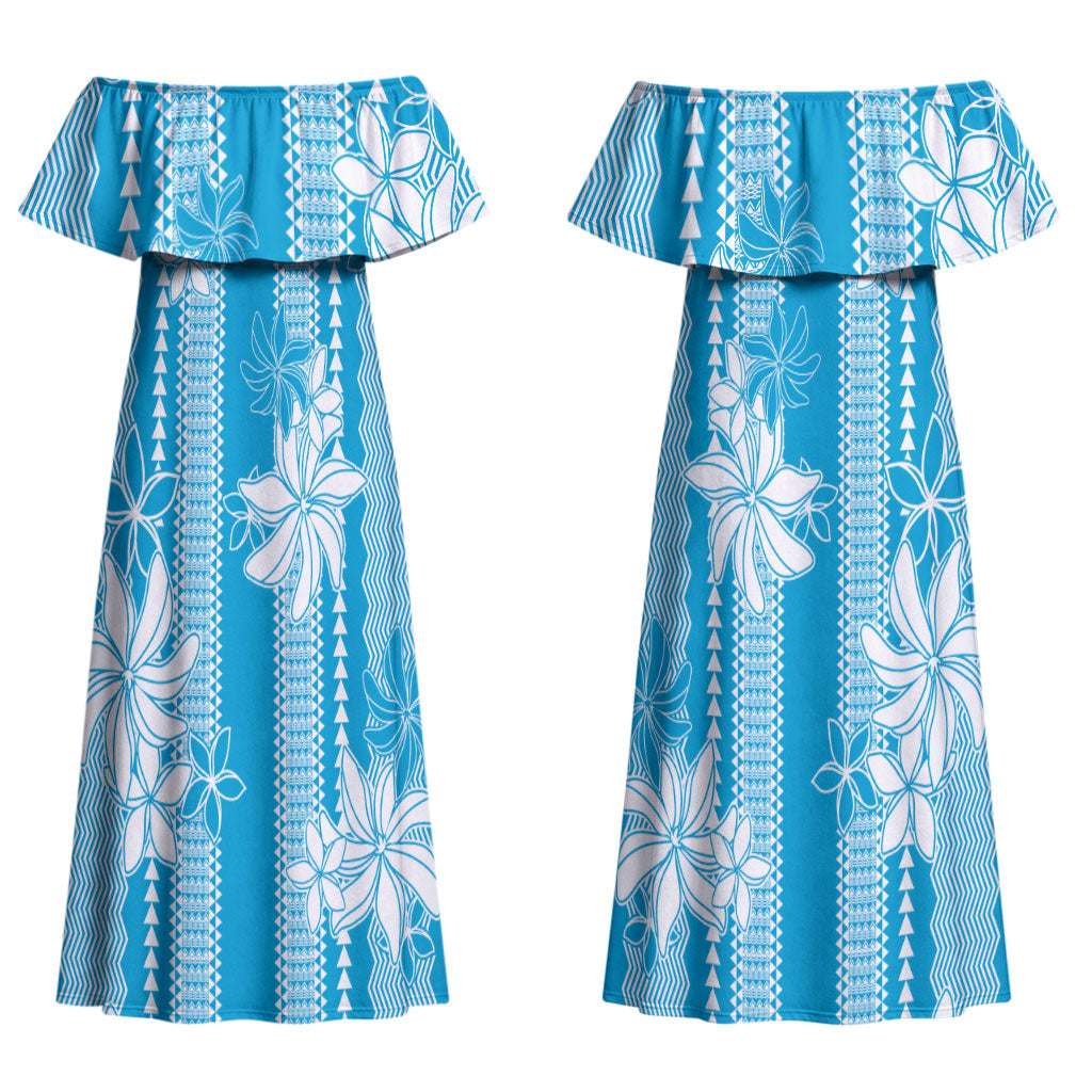 Hawaii Kakau Tribal Couples Matching Off Shoulder Maxi Dress and Hawaiian Shirt With Blue Tiare LT05 - Polynesian Pride