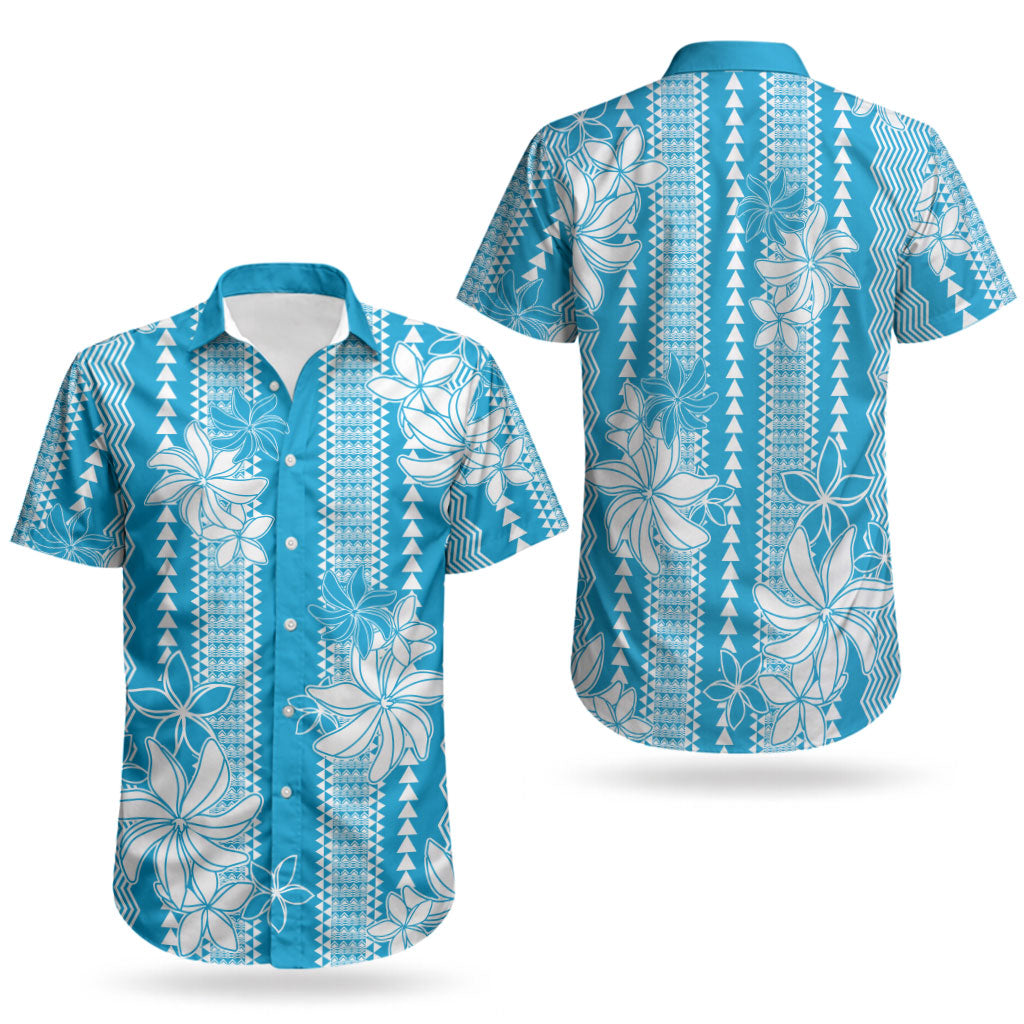 Hawaii Kakau Tribal Couples Matching Off Shoulder Short Dress and Hawaiian Shirt With Blue Tiare LT05 - Polynesian Pride