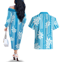 Hawaii Kakau Tribal Couples Matching Off The Shoulder Long Sleeve Dress and Hawaiian Shirt With Blue Tiare