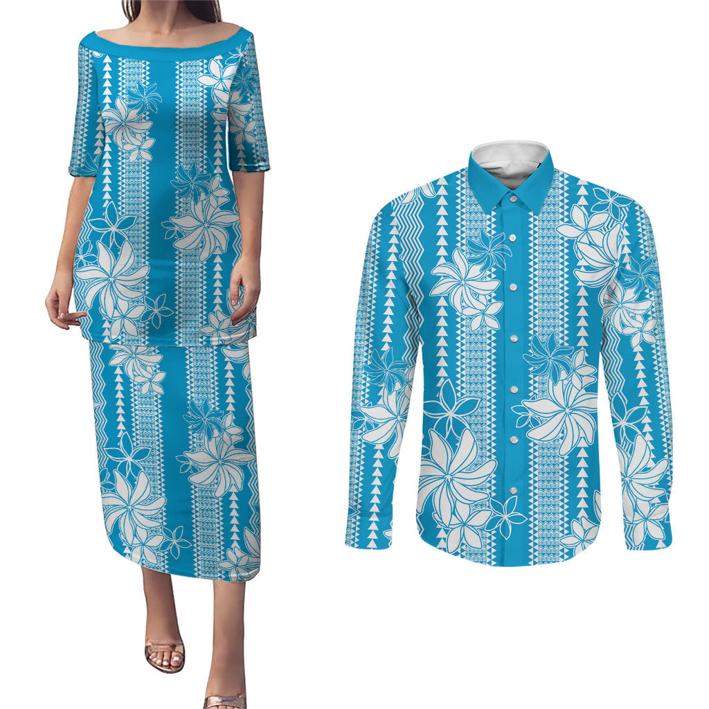Hawaii Kakau Tribal Couples Matching Puletasi and Long Sleeve Button Shirt With Blue Tiare