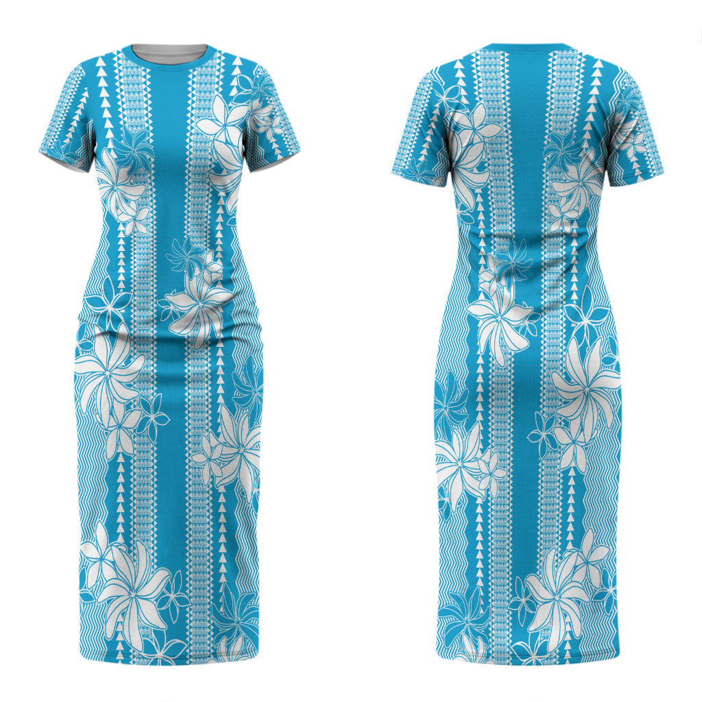 Hawaii Kakau Tribal Couples Matching Short Sleeve Bodycon Dress and Long Sleeve Button Shirt With Blue Tiare LT05 - Polynesian Pride