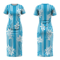 Hawaii Kakau Tribal Couples Matching Short Sleeve Bodycon Dress and Long Sleeve Button Shirt With Blue Tiare LT05 - Polynesian Pride