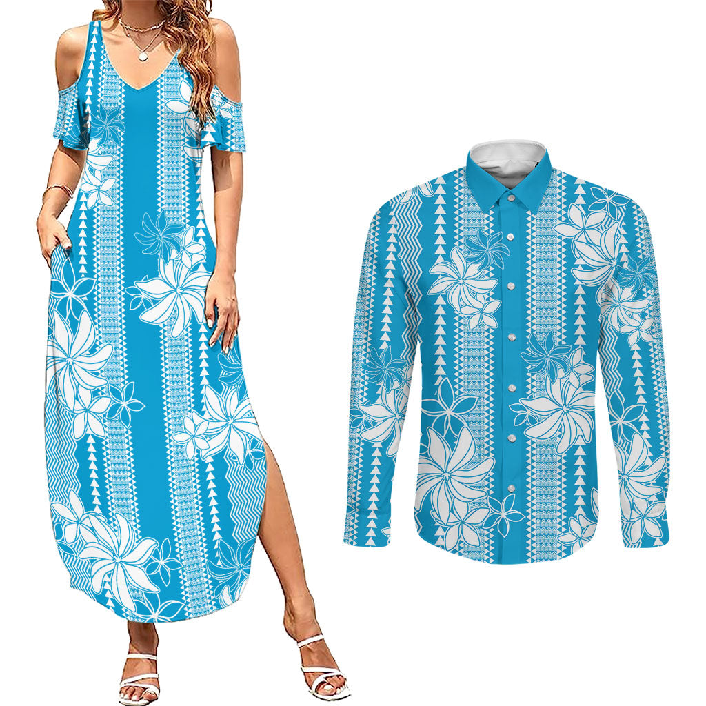 Hawaii Kakau Tribal Couples Matching Summer Maxi Dress and Long Sleeve Button Shirt With Blue Tiare