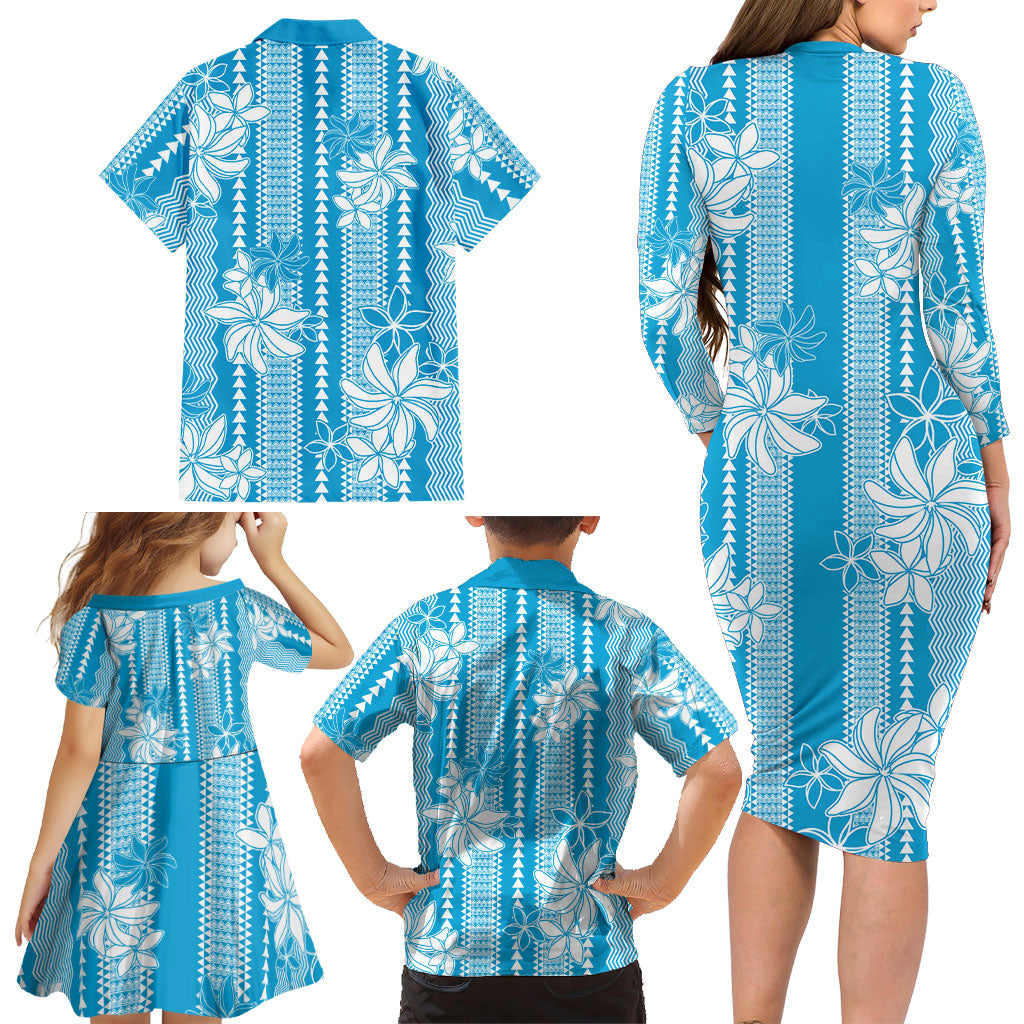 Hawaii Kakau Tribal Family Matching Long Sleeve Bodycon Dress and Hawaiian Shirt With Blue Tiare