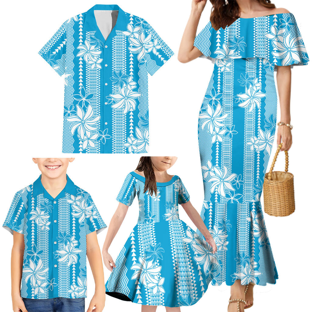 Hawaii Kakau Tribal Family Matching Mermaid Dress and Hawaiian Shirt With Blue Tiare