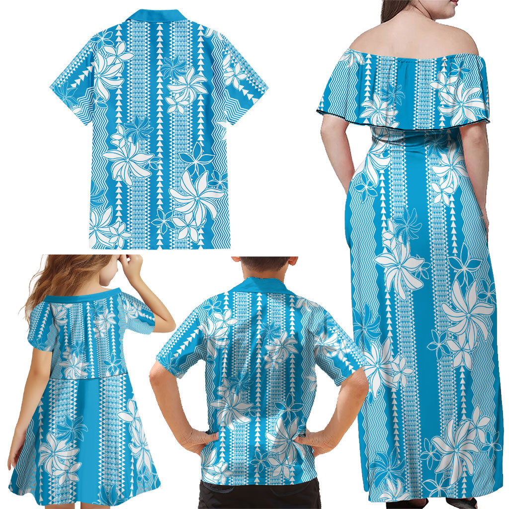 Hawaii Kakau Tribal Family Matching Off Shoulder Maxi Dress and Hawaiian Shirt With Blue Tiare