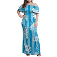 Hawaii Kakau Tribal Family Matching Off Shoulder Maxi Dress and Hawaiian Shirt With Blue Tiare
