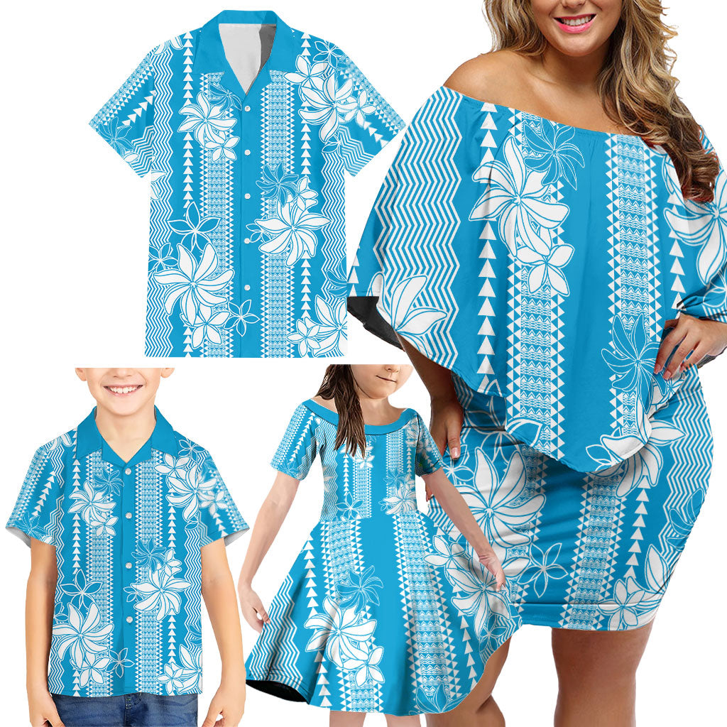 Hawaii Kakau Tribal Family Matching Off Shoulder Short Dress and Hawaiian Shirt With Blue Tiare