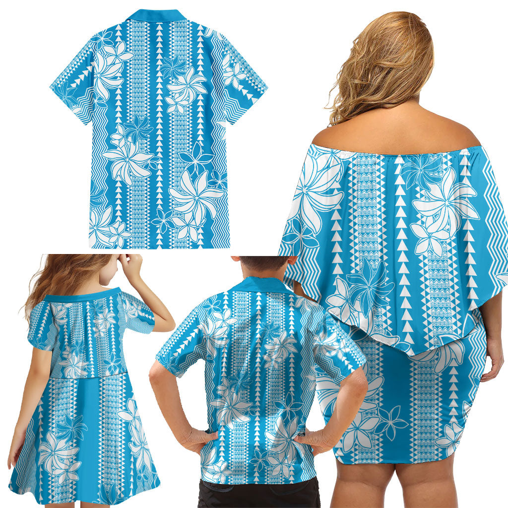 Hawaii Kakau Tribal Family Matching Off Shoulder Short Dress and Hawaiian Shirt With Blue Tiare