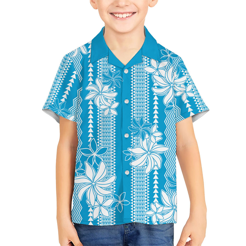 Hawaii Kakau Tribal Family Matching Off Shoulder Short Dress and Hawaiian Shirt With Blue Tiare