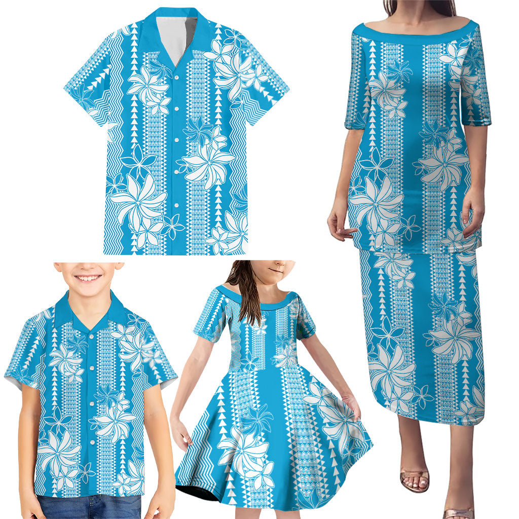 Hawaii Kakau Tribal Family Matching Puletasi and Hawaiian Shirt With Blue Tiare