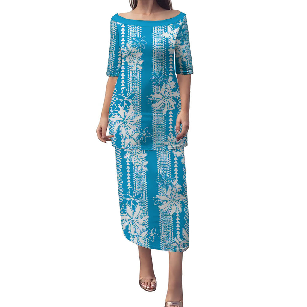Hawaii Kakau Tribal Family Matching Puletasi and Hawaiian Shirt With Blue Tiare