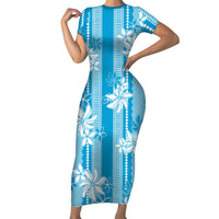 Hawaii Kakau Tribal Family Matching Short Sleeve Bodycon Dress and Hawaiian Shirt With Blue Tiare