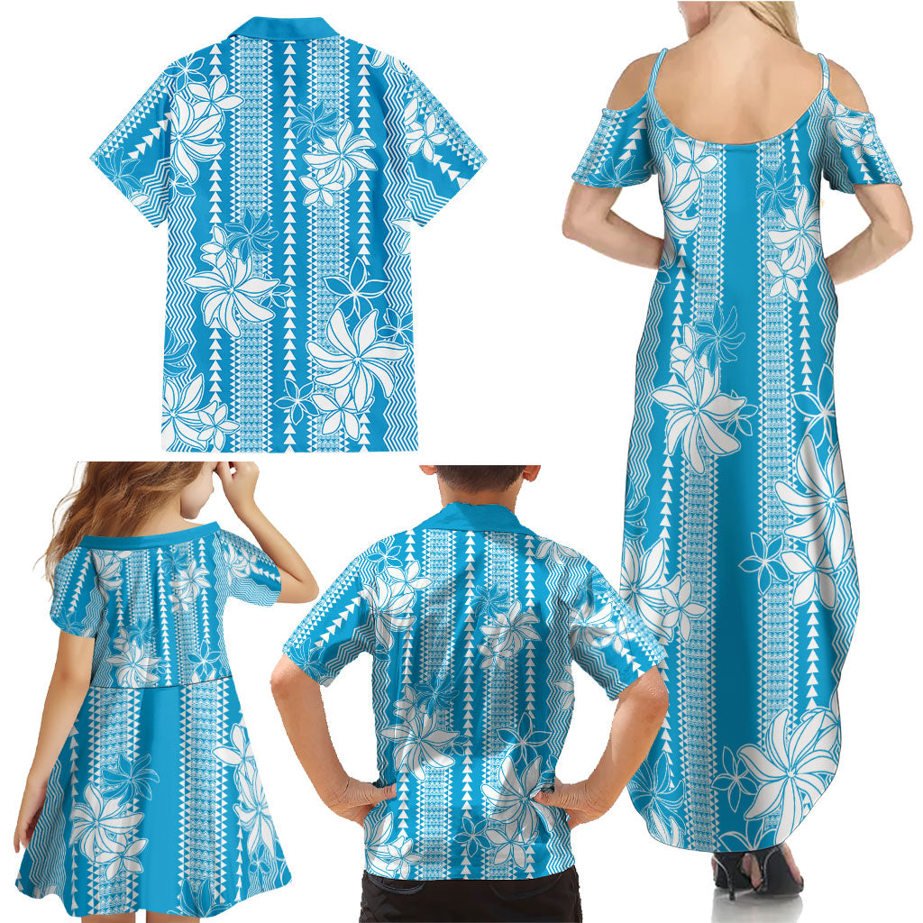 Hawaii Kakau Tribal Family Matching Summer Maxi Dress and Hawaiian Shirt With Blue Tiare