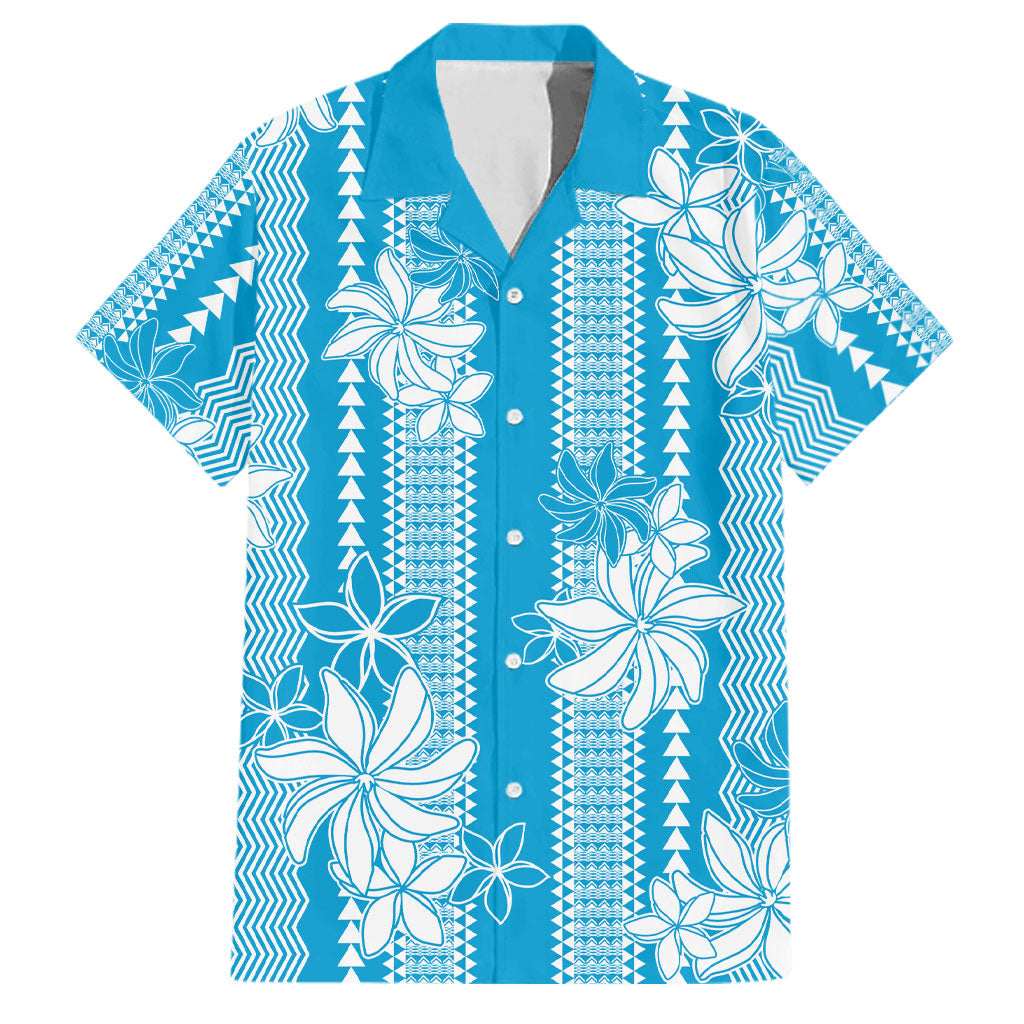 Hawaii Kakau Tribal Family Matching Summer Maxi Dress and Hawaiian Shirt With Blue Tiare
