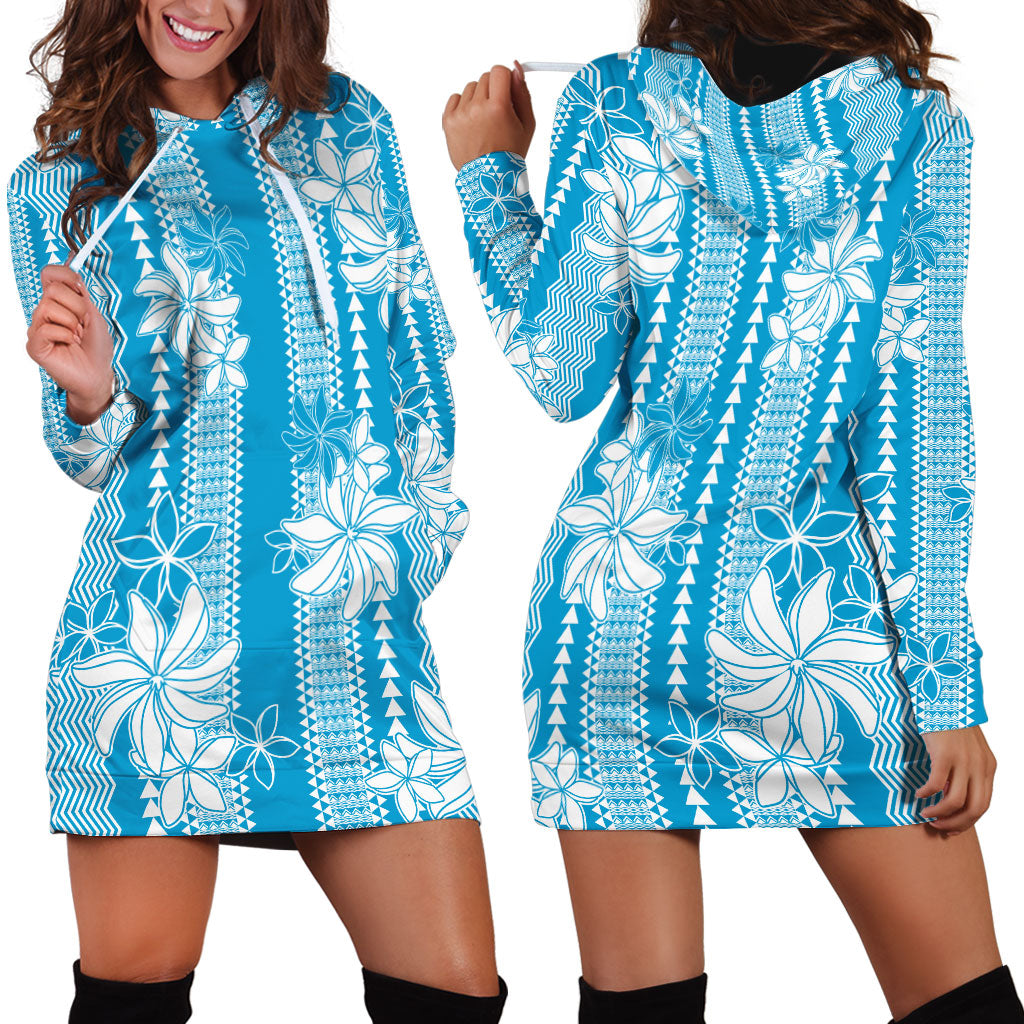 Hawaii Kakau Tribal Hoodie Dress With Blue Tiare