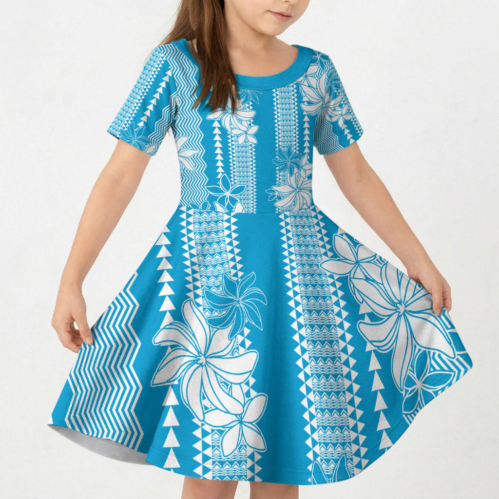 Hawaii Kakau Tribal Kid Short Sleeve Dress With Blue Tiare LT05 KID Blue - Polynesian Pride