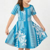 Hawaii Kakau Tribal Kid Short Sleeve Dress With Blue Tiare LT05 KID Blue - Polynesian Pride