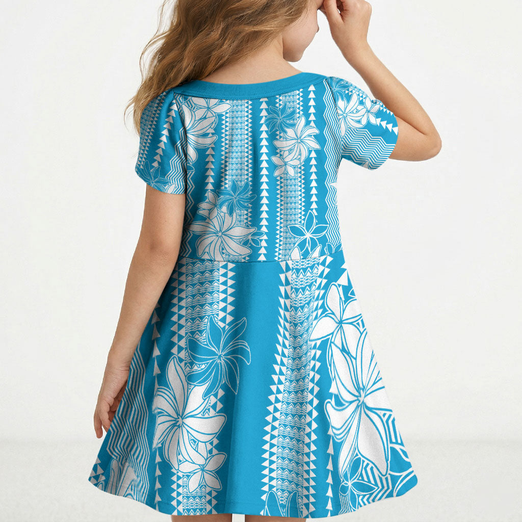 Hawaii Kakau Tribal Kid Short Sleeve Dress With Blue Tiare LT05 - Polynesian Pride
