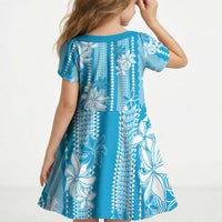 Hawaii Kakau Tribal Kid Short Sleeve Dress With Blue Tiare LT05 - Polynesian Pride