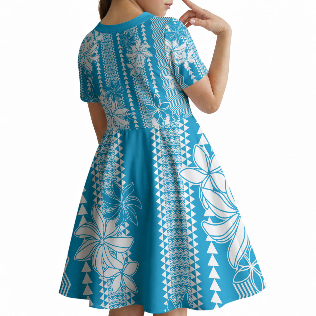 Hawaii Kakau Tribal Kid Short Sleeve Dress With Blue Tiare LT05 - Polynesian Pride
