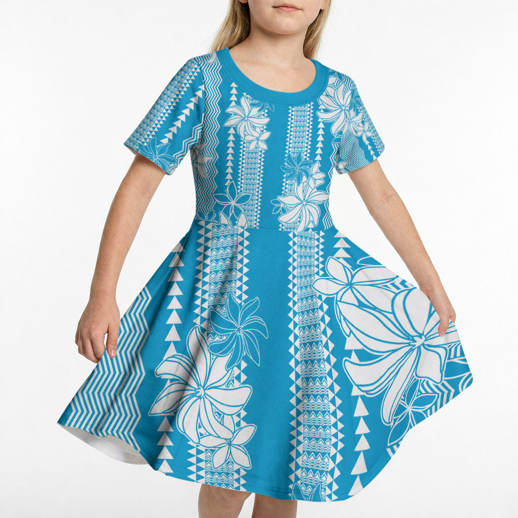 Hawaii Kakau Tribal Kid Short Sleeve Dress With Blue Tiare LT05 - Polynesian Pride
