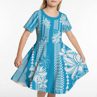 Hawaii Kakau Tribal Kid Short Sleeve Dress With Blue Tiare LT05 - Polynesian Pride